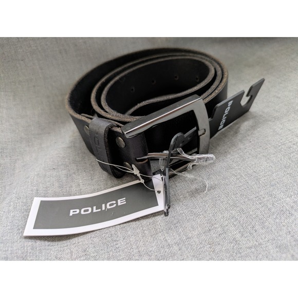 Police‎ Genuine Black Leather Belt Silver Buckle Unisex 35-39 Inch NEW main image 6